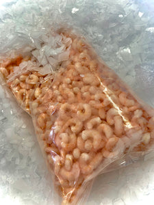 Cocktail prawns by Marisco Fish! Cornwall's finest seafood. Packed in a plastic bag on top of fresh ice.