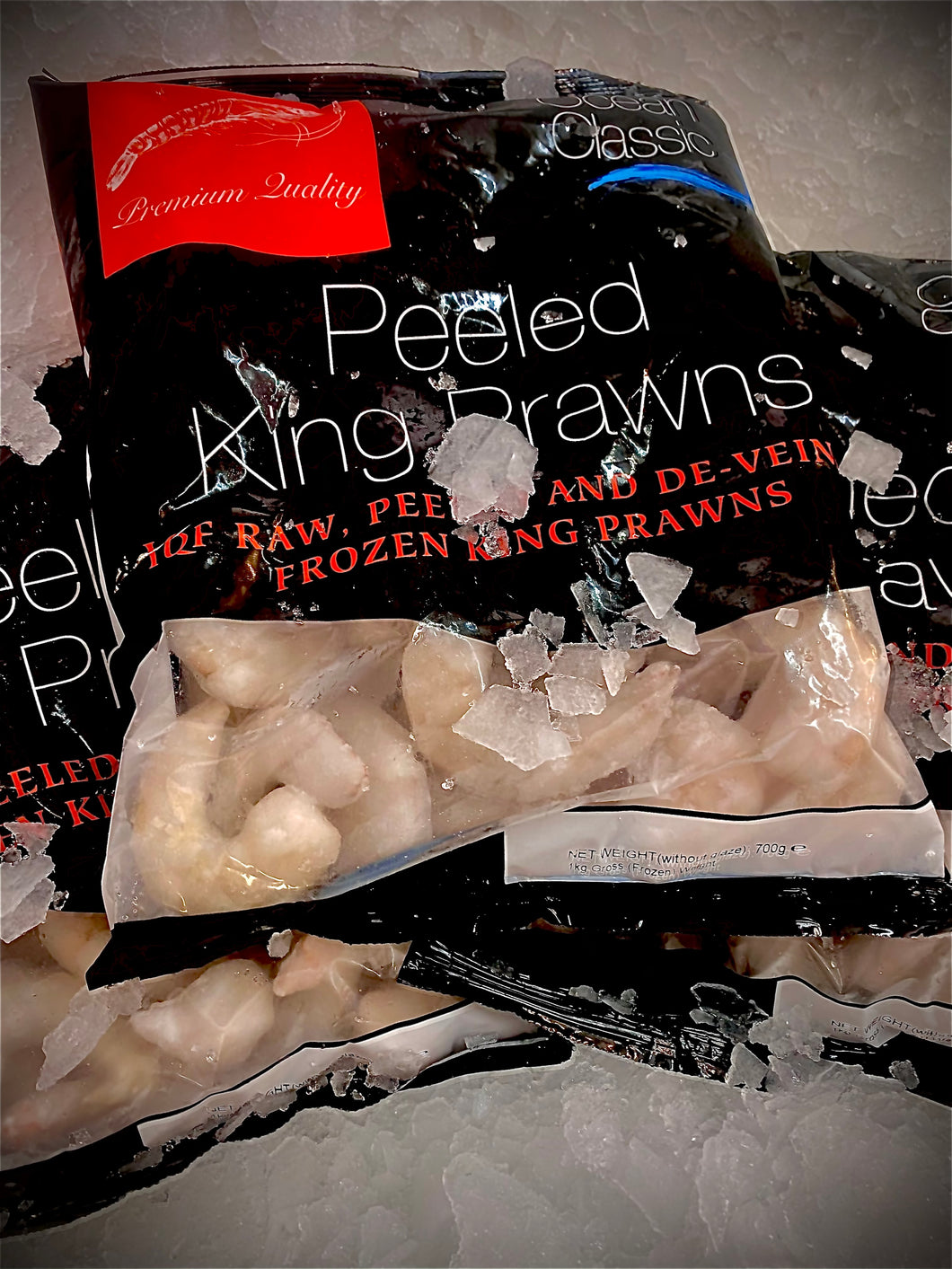 Ocean Classic Premium Quality peeled King Prawns, Net weight 700g. Marisco Fish - Cornwall's finest seafood.